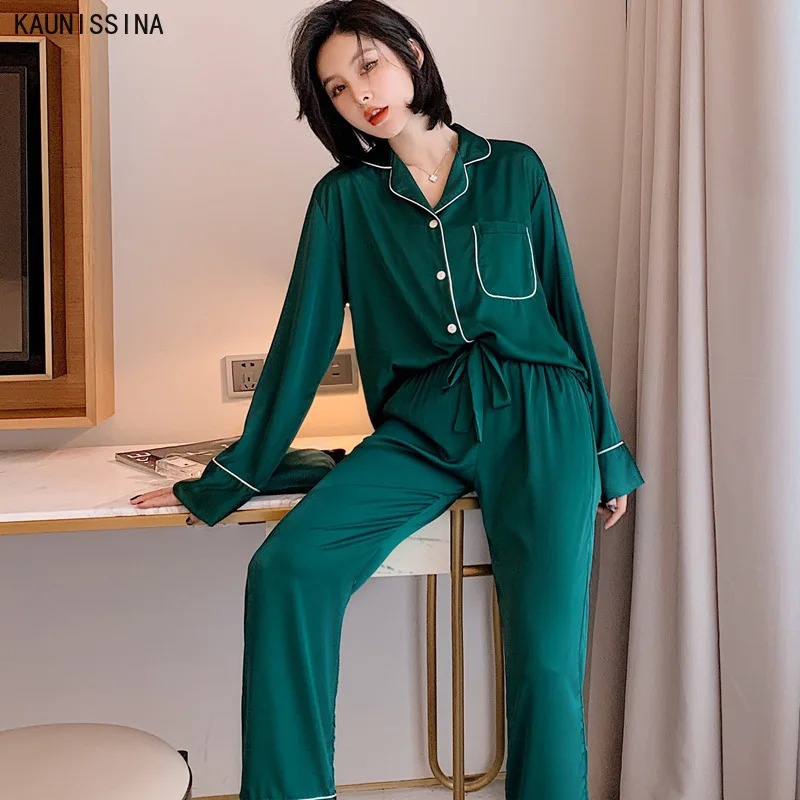 

Women Autumn Nightwear Pajama Sets Lapel Collar Long Sleeve Button Pocket Tops Long Pants Silk Pajamas Set Female Sleepwear
