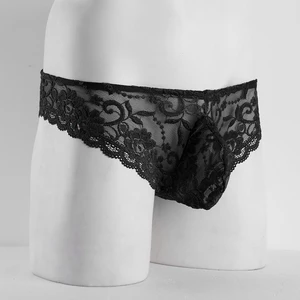 Трусы Стринги мужские сетчатые кружевные с мешочком с низкой посадкой