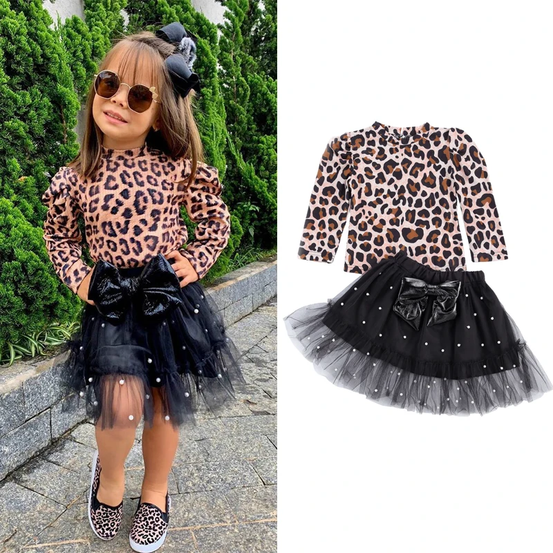 Ropa de leopardo para ni&ntilde;os y ni&ntilde;as, jersey de manga larga, camisetas, Tops, faldas con lazo de encaje de perlas, conjuntos de 2 uds. 2021-0
