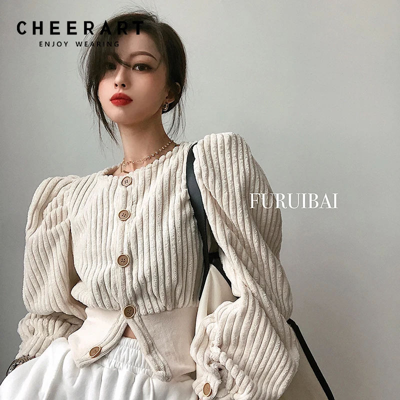 

CHEERART, Вельветовая укороченная куртка с пышными рукавами для женщин, 2021, бежевая, синяя, корейская мода, дизайнерское пальто, осенняя одежда