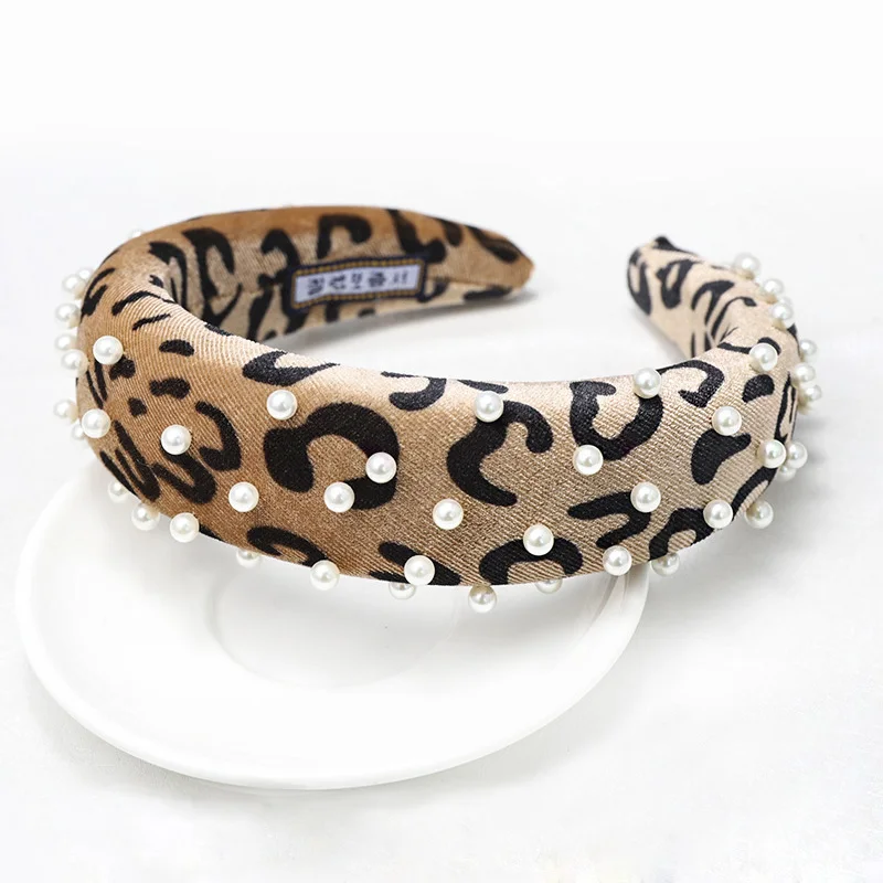 

6pcs Fashion Thick Velvet Sponge Headband Women Europe America Pearl Beaded Headband Leopard Hairband Hair Ornaments