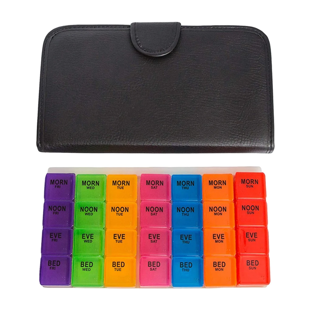 

7 Day Plastic 28 Compartments Leather Pill Organizer Pill Case Medicine Tablet Dispenser Organizer Pill Box Splitters Pill