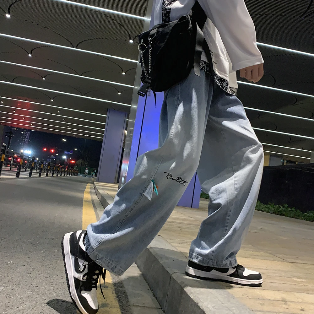 

Autumn Winter Baggy Gradient Denim Pants Men Women Korean Loose Straight Jeans Elastic Waist Washed Jean Pants Blue/Black