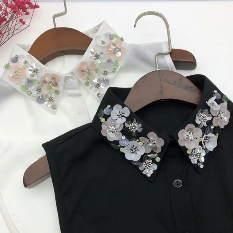 

Womens Detachable Blouse False Collar Handmade Beading Rhinestone Sequins Flower Lapel Adjustable Half-Shirt Necklace