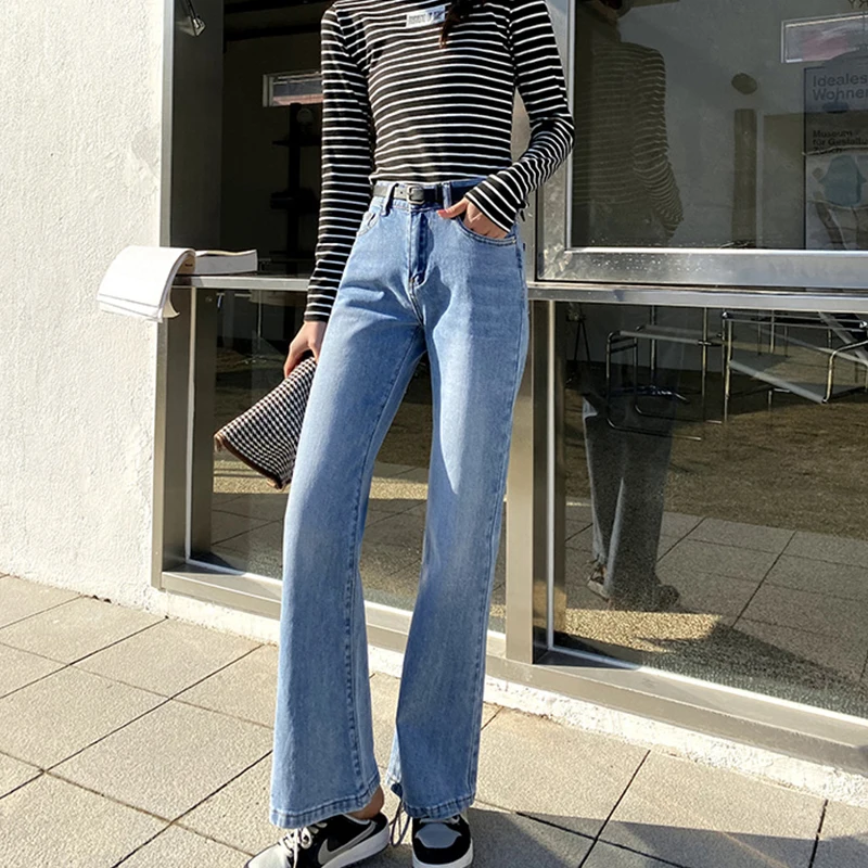 

2021 Blue Flare Pants Women Loose Streetwear Korean Chic Retro Long Jeans Trouser Female Washed Y2K Casual Ulzzang OL Tide Pant