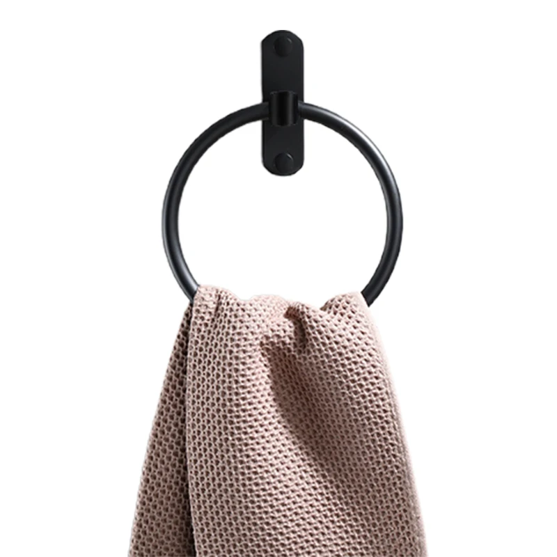 

Simple Wall-Mounted Round Towel Ring Matte Black Stainless Steel Clothes Rack Bathroom Accessories
