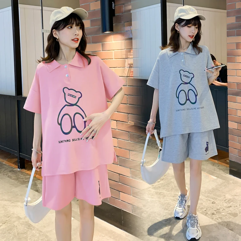 

3035# Summer Casual Cotton Maternity Clothing Sets Wide Leg Loose Belly Suits Clothes for Pregnant Women Sports Casual Pregnancy