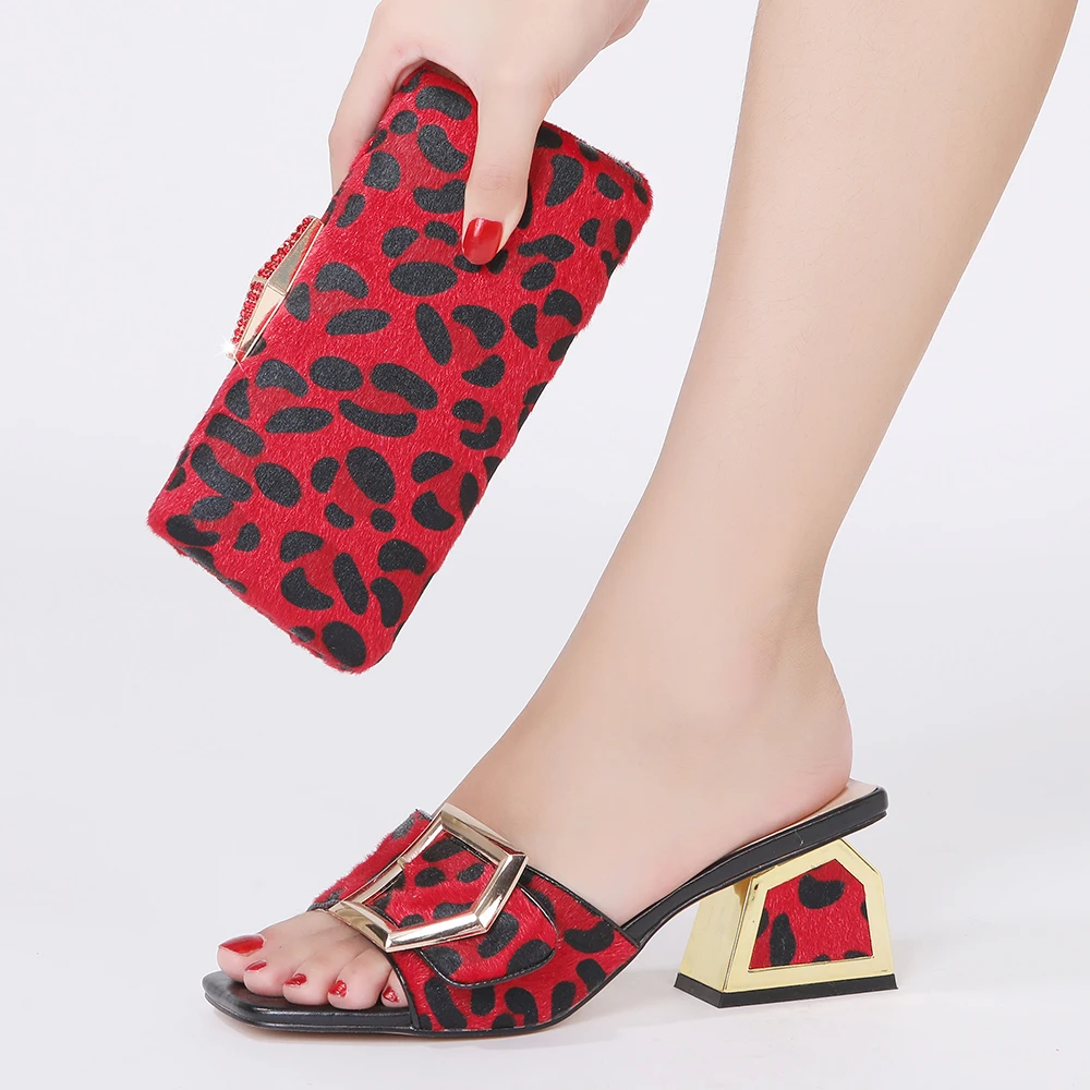 

2021 new summer​​Noble, elegant and fashionable all-match lady slippers African lady red leopard shoes and bag set