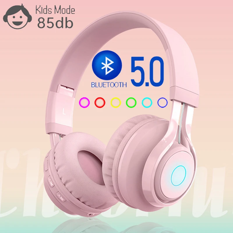 

Светодиодный Bluetooth 5,0 наушники тяжелый бас стерео наушники, детская цветная (RGB) гарнитура в сложенном виде наушники Поддержка TF карты 3,5 мм С...