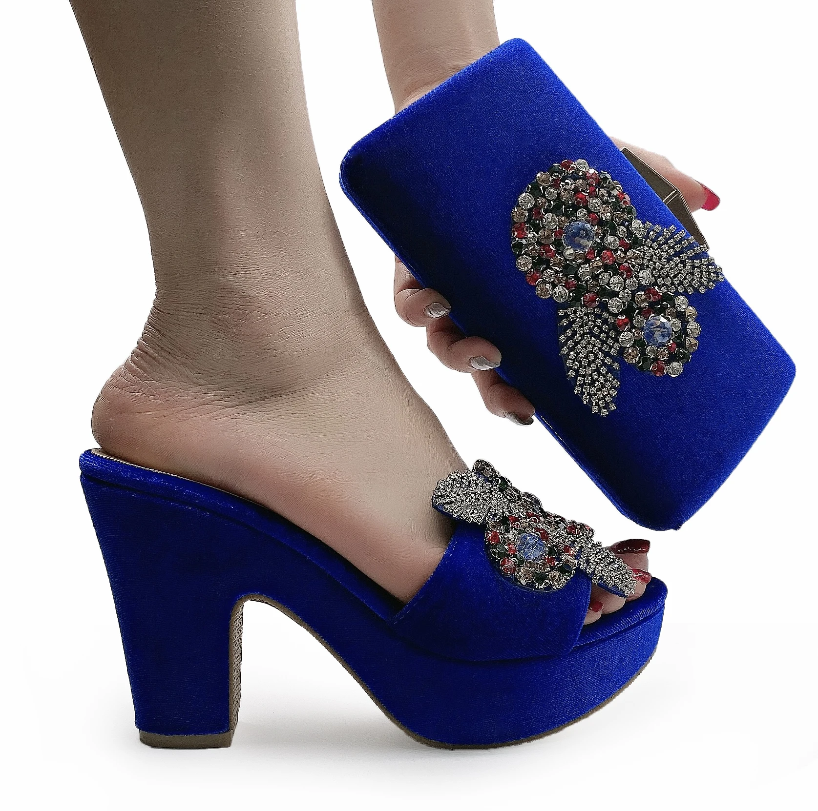 Italian Women Shoe Bag Matching Set Summer Wedding Party Pumps Heels Chunky Sandals with Purse Platform Shoes with Bag Set Women