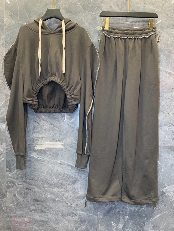 

2020 autumn and winter new fashion women's neckline drawstring hooded long-sleeved top + trousers solid color set 1017