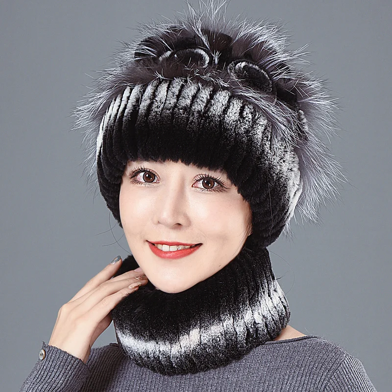 

Winter Warm Hats Women Natural Rex Rabbit Fur Beanies Scarves Hand Knitted Soild Fluffy Pompom Hats
