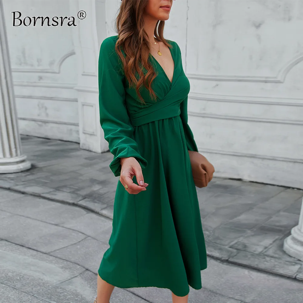 

Bornsra женские платья 2022 Весна однотонные сексуальные элегантные платья до середины икры с расклешенным рукавом зеленое женское платье