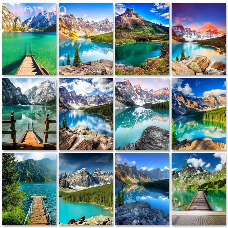 

SDOYUNO Picture By Number Kits For Adults Handpainted DIY Oil Painting By Number Landscape Mountains Home Decor Diy Gift