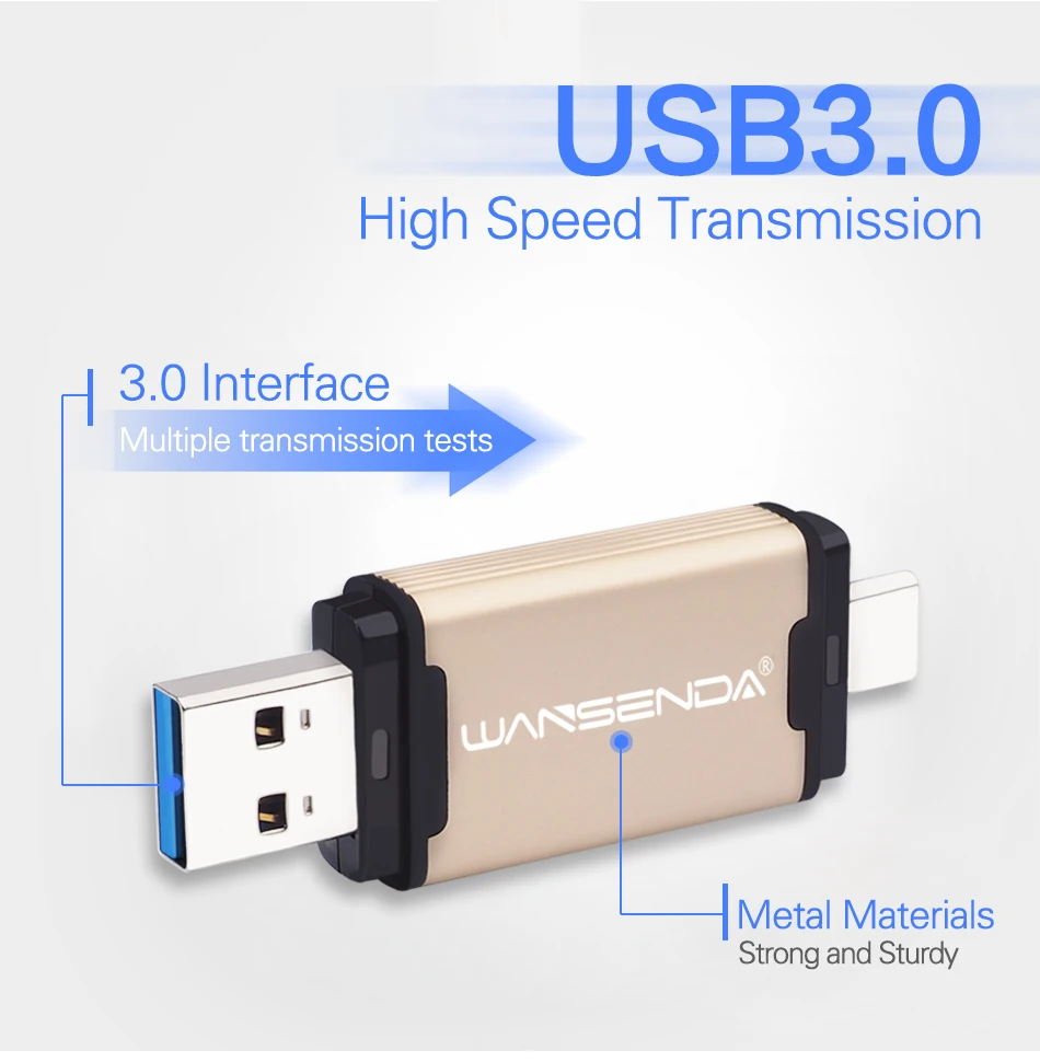 Горячая WANSENDA, 2 в 1, TYPE-C, USB 3,0, USB флеш-накопитель, металлический флеш-накопитель, 16 ГБ, 32 ГБ, 64 ГБ, 128 ГБ, 256 ГБ, 512 ГБ, флеш-накопитель, USB флешка