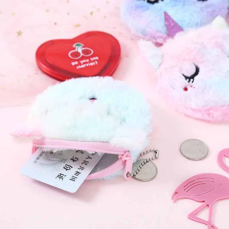 Cute Cartoon Plush Unicorn Coin Purse Cat Fur Circle Wallet Girl Clutch Embroidered Bag Key Earphone Organizer Bags Kids Gift images - 6