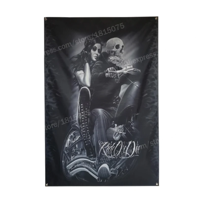 Skull Tattoo Motorcycle Biker Rider Flag Banner Sexy Lady Beauty Home Decoration Hanging 4 Gromments In Corners 3*5FT 144*96CM |