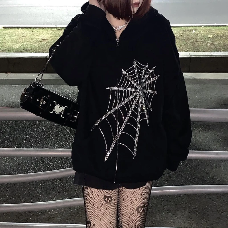 Harajuku Women Long Sleeve Outwear  Zip-up Y2K Korean Style Fashion Rhinestone Spider Web Coat Black Streetwear Jacket Clothes