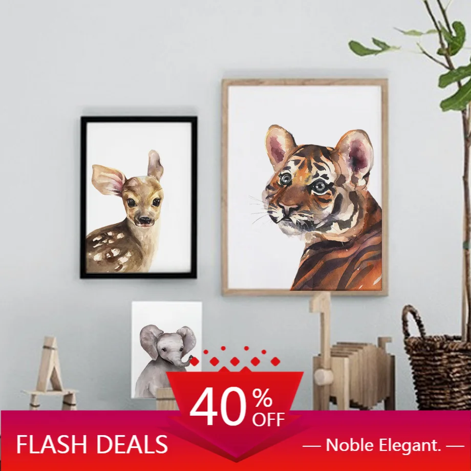 Рождественская Картина на холсте настенное искусство милый малыш олень тигр