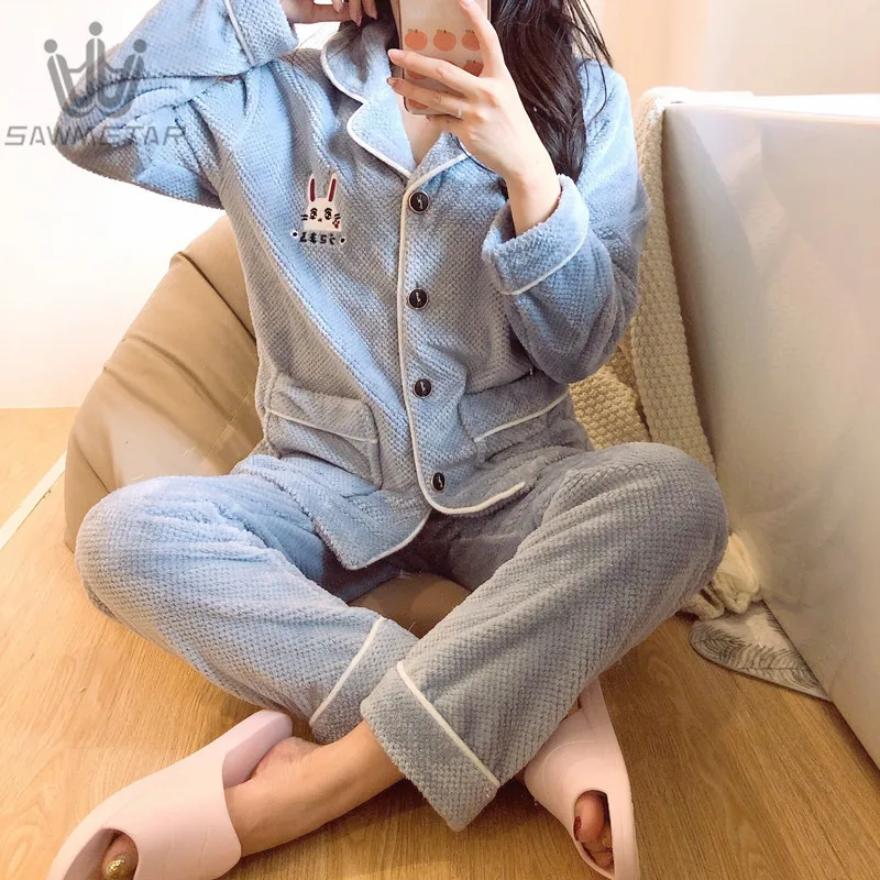 Пижама женская фланелевая осенне-зимняя длинный рукав длинные брюки | Женская