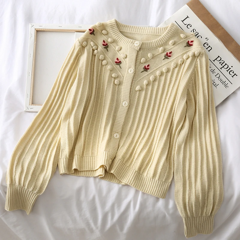 Ghost Horse Series Girl Stereo Embroidery Flower Soft Glutinous Stereo Ball Loose Lantern Sleeve Knitted Sweater Woman