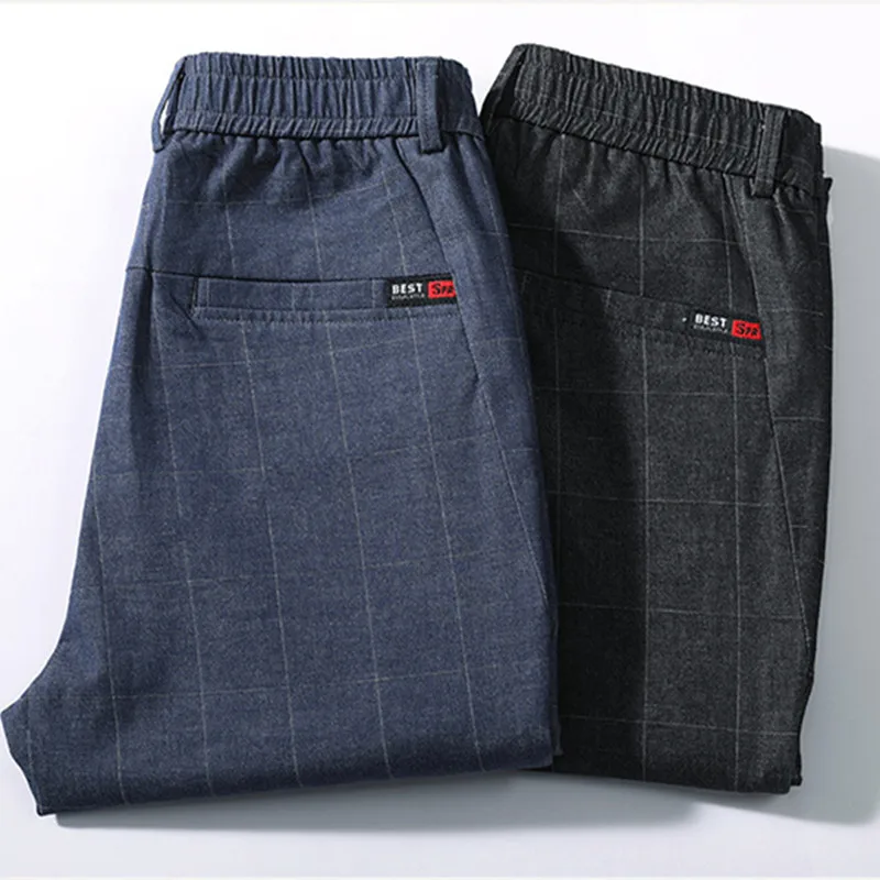 

ICPANS 2020 Summer Thin Plaid Casual Pants Men Fashion Elastic Waist Plaid Dress Trousers for Man