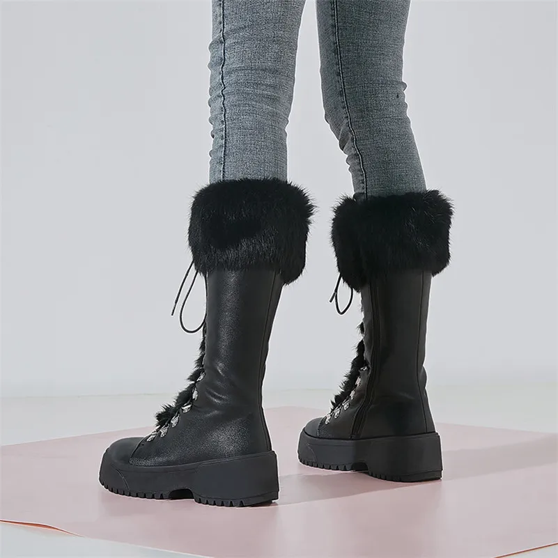 

ANNYMOLI Winter Real Fur Snow Boots Women Natural Genuine Leather Flat Platform Mid Calf Boots Warm Plush Zipper Shoes Ladies 39