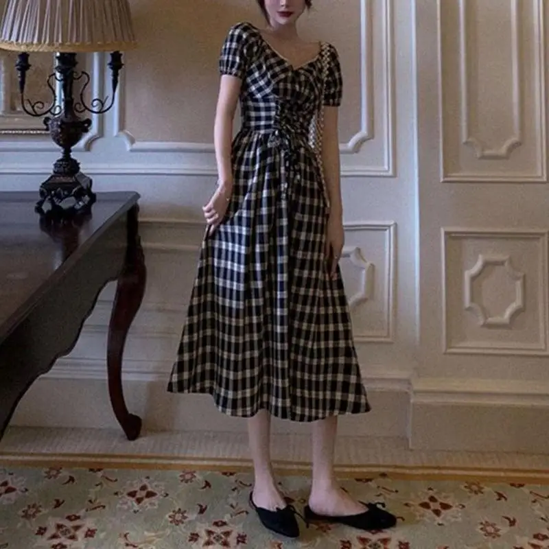 

Summer Black White Plaid Print Dress Vintage Deep V For Women Bandage Long Short Party Sleeve Sexy Dress Neck Dresses Corse L3K5