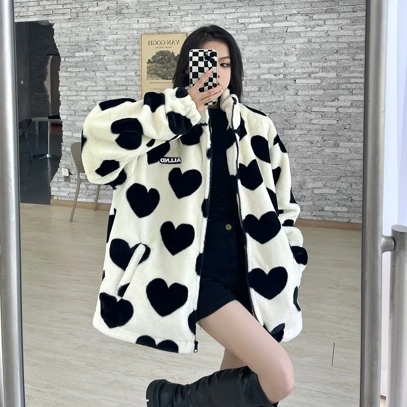 Harajuku Heart Full Print Plush Jacket Women Winter Jacket 2021 Korean Large Size Long Sleeve Hooded Cotton Coat Thick Warm