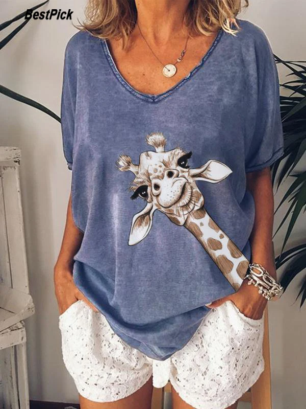 

Женская обувь, летние футболки с рисунком жирафа с животным принтом Топ с коротким рукавом и v-образным вырезом свободного покроя Vogue футбол...