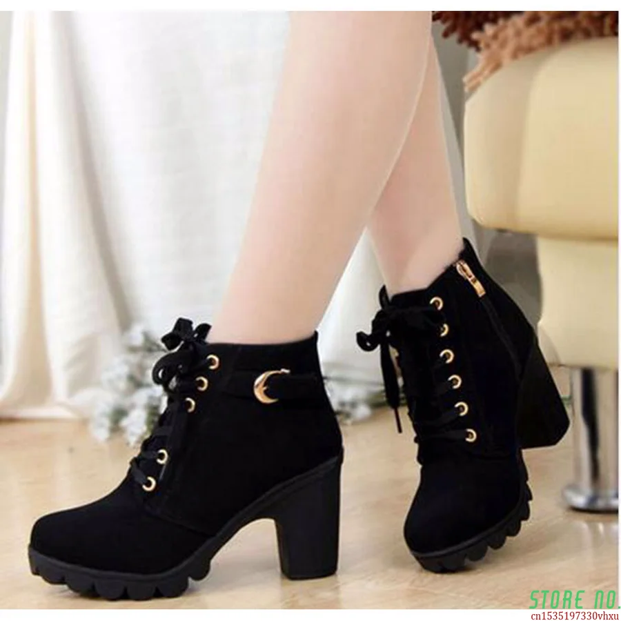 

New Spring Winter Women Pumps Boots High Quality Lace-up European Ladies Shoes PU High Heels Boots Fast Delivery Rtg67