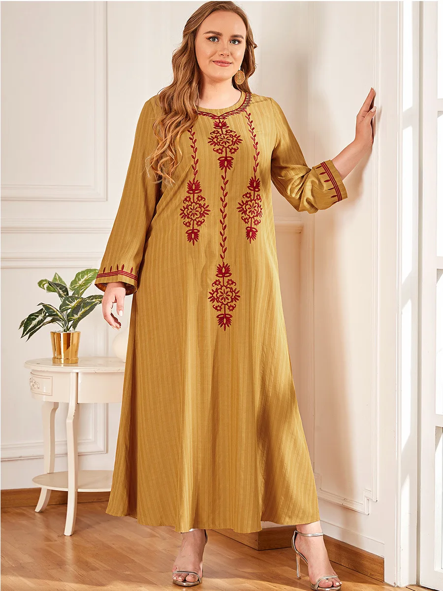 

Elegant Flare Sleeve Ramadan Muslim Robe Dress Ladies Embroidered Turban Jilbab Turkish Islam Vestido Moroccan Kaftan Arab Elbis