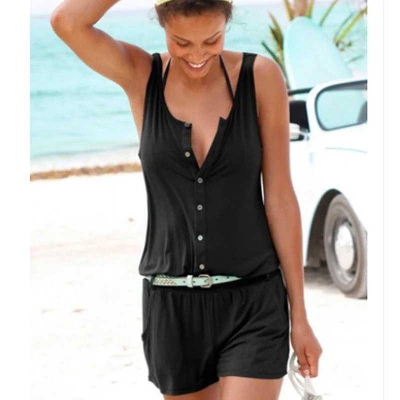 

Women Summer Clothes Off Shoulder Belted Tunic Sleeveles Playsuit Solid Casual V-neck Short Home Jumpsuit 2021