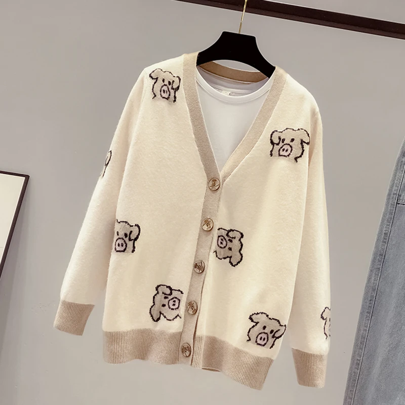 

Loose Sweater Female Cardigan Jacket 2020 Autumn V Neck Cartoon Print Knitted Cardigan Fashion Street Women's Sweater Coat
