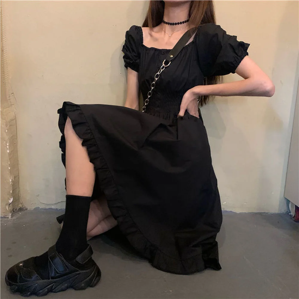 

Japanese Harajuku Summer Women Mini Little Black Dress Square Collar High Waist Puff Sleeve Gothic Lace Ruffles Cosplay Dresses