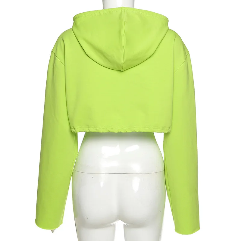 

2021 Fashion Streetwear Neon Green Sweatshirt Casual Cotton Zip Up Long Sleeve Top Solid Navel Drawstring Cropped Hooded Women