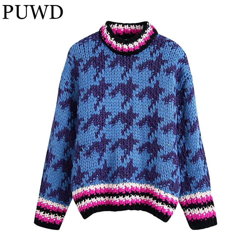 

PUWD Casual Women Houndstooth Jacquard Knit Pullover 2021Autumn Winter Retro Round Neck Color Contrast Loose Female Chic Sweater