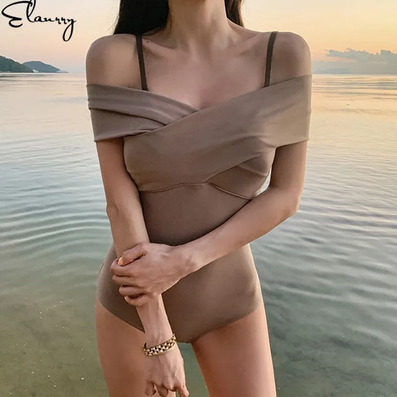 2020 Mujer Solid Off Shoulder Swimsuit Summer Sexy Wide Strap Swimwear Vintage Monokini Padded Bathing Suit One-Piece | Спорт и