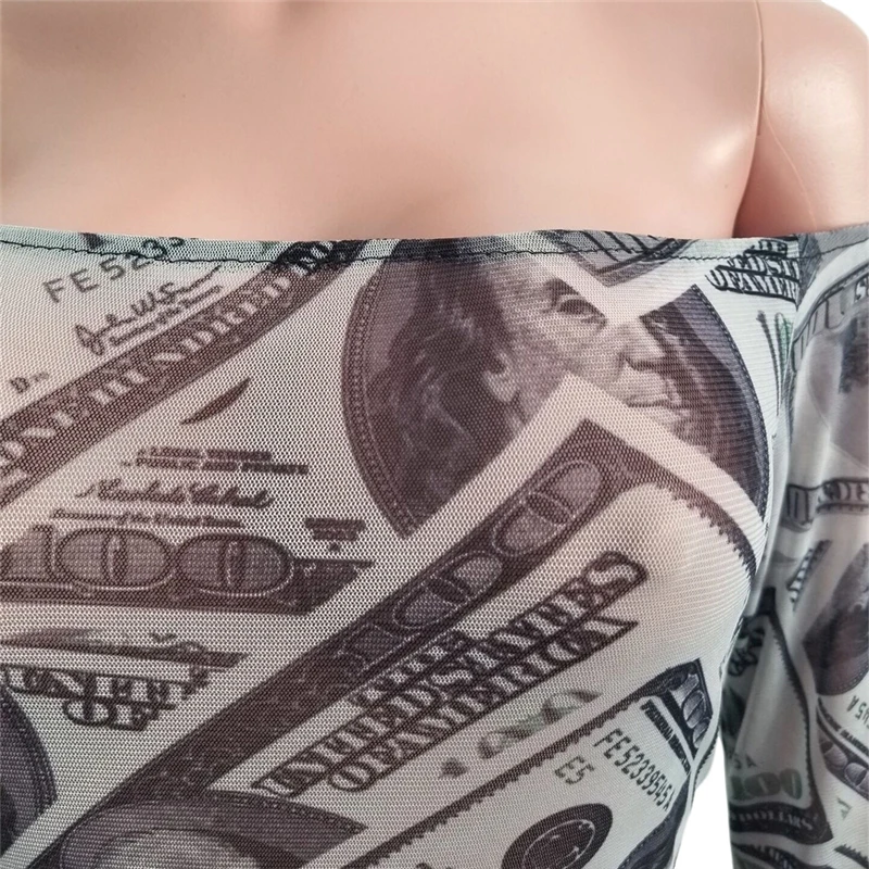 Adogirl деньги с принтом доллара сетчатый комбинезон Для женщин сексуальные платья с открытыми плечами длинными расклешенными рукавами узкие комбинезон для ночного клуба, комбинезон, комплект одежды