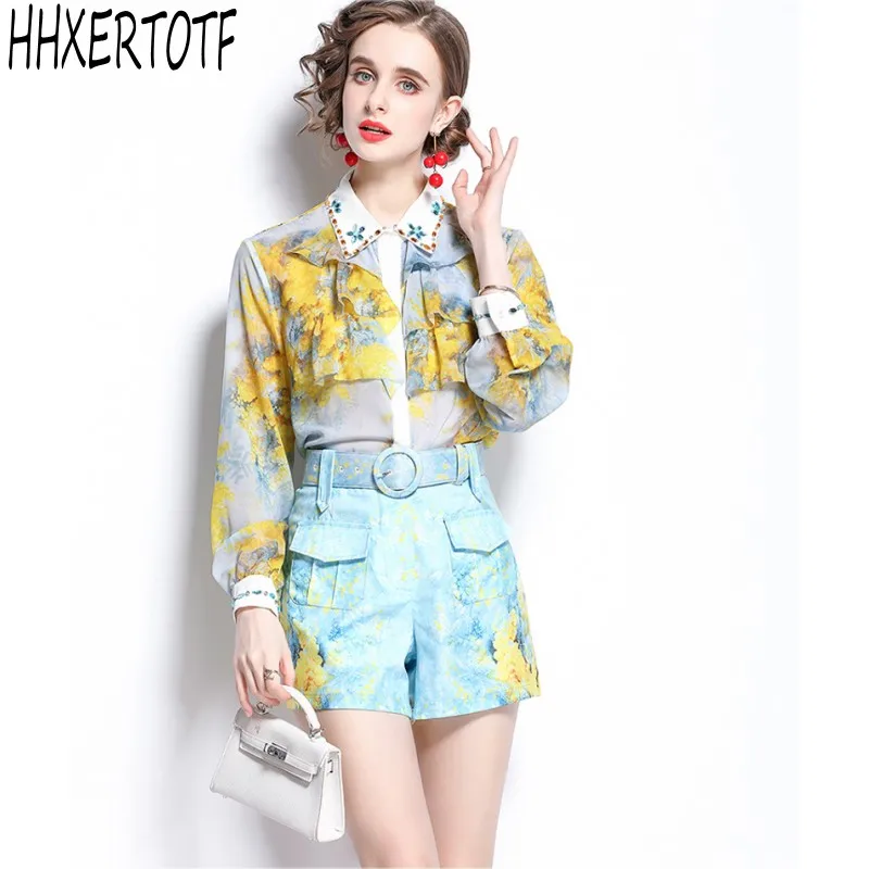 

Женский комплект из 2 предметов, шелковая рубашка с длинным рукавом, оборками, бриллиантами, бусинами, воротником и шорты с поясом и карманам...