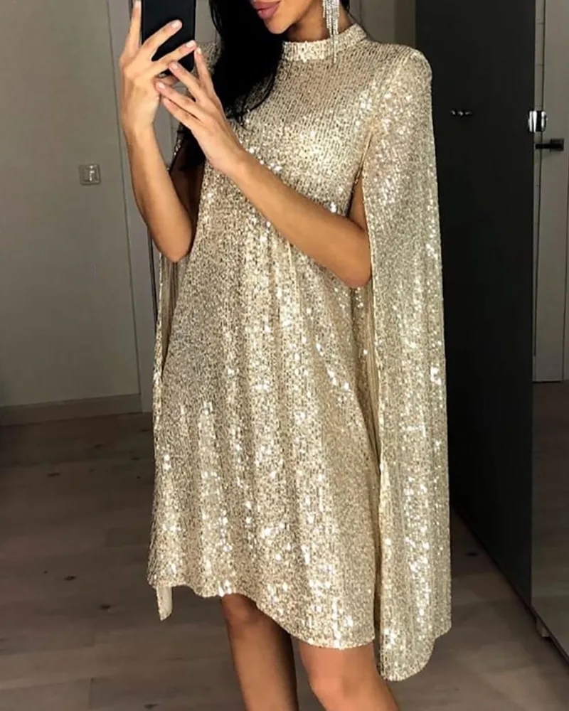

BE HYGGE Neck Cape Design Sequins Dresses Women Split Sleeve Sexy Party Sequin Glitter Mock Female 2020 Spring Ladies Clothes
