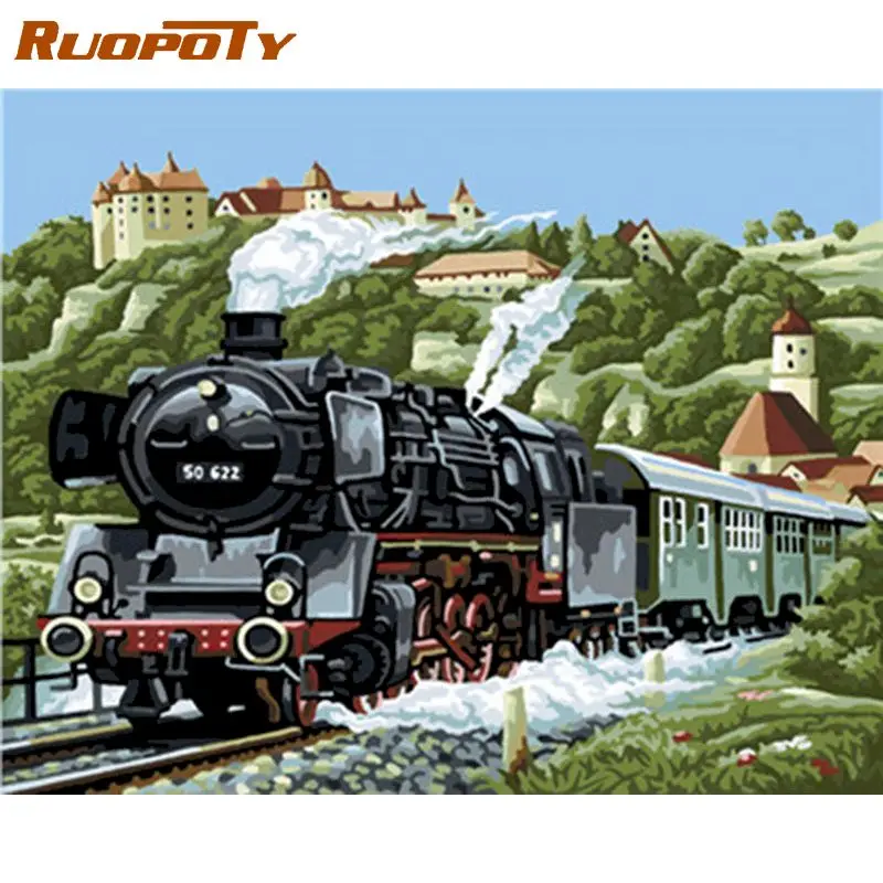 

Паровой Паровозик RUOPOTY DIY живопись по номерам пейзаж Ручная роспись маслом на холсте Современная Настенная художественная картина для пода...