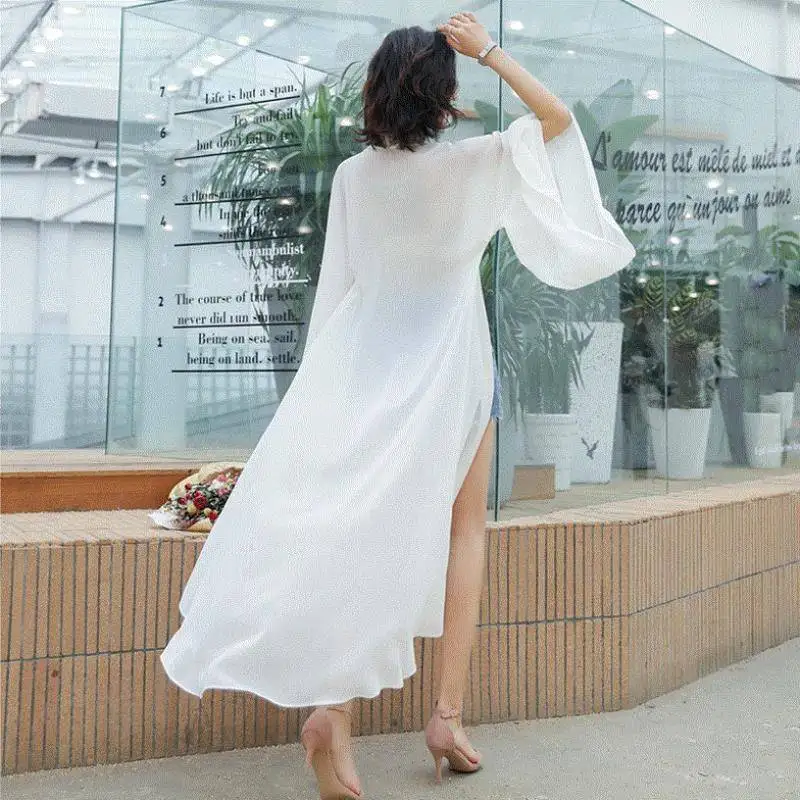 Длинное кимоно Geskeey однотонная Шифоновая туника в богемном стиле для пляжа лета |