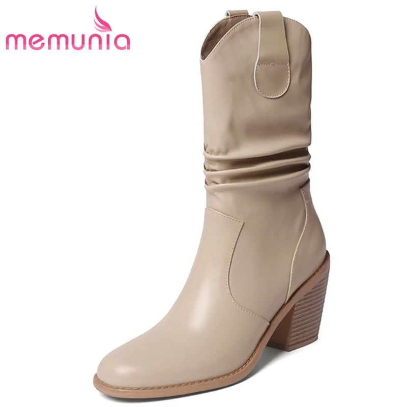 

MEMUNIA 2021 New Arrival Mid Calf Boots Hot Sale Fashion Ladies Shoes Comfortable With Fur Ankle Boots Simple Genuine Leather
