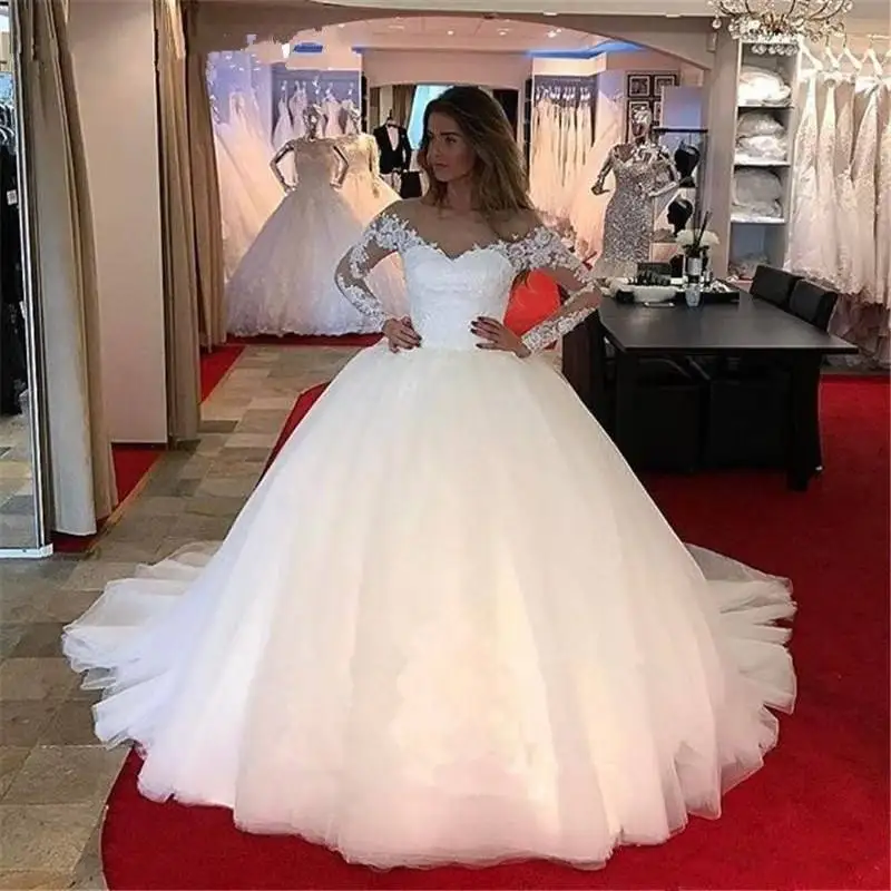 

Wedding Dresses Ball Gown Princess Brides Gown Ceremony Church Lace Latest Fashion Tulle Sheer Neck Wedding Gowns 2021