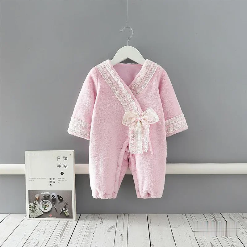

New Winter Baby Jumpsuit Tracksuit Sleepwear Baby Girl Clothes Winter Lace Patchwork Bowknot Pink Cute Thick Romper