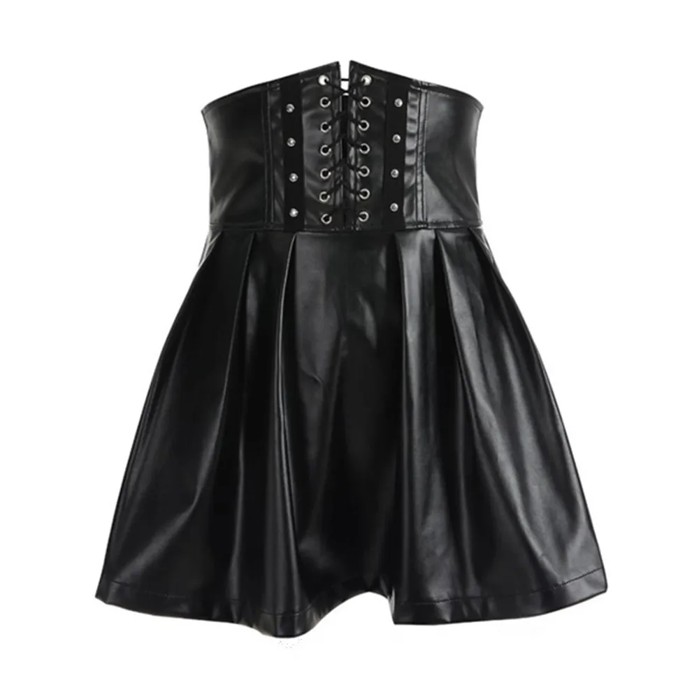 

Women Sexy Faux Leather Skirts High Waist Black Mini Short Skirt Lace-Up Zipper Skater Gothic Nightclub Above-Knee Pleated Skirt