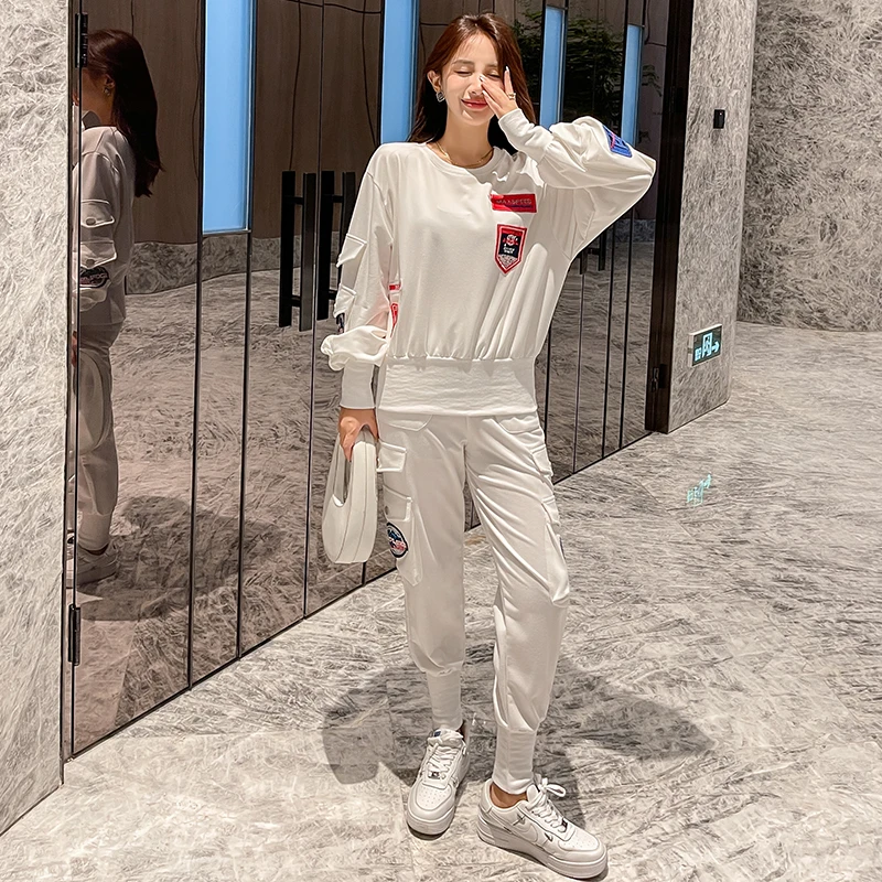 

European Two Piece Set Women's Spring And Autumn New Round Neck Long Sleeve T-Shirt Fashion Trend Loose Casual Pants Sportswear
