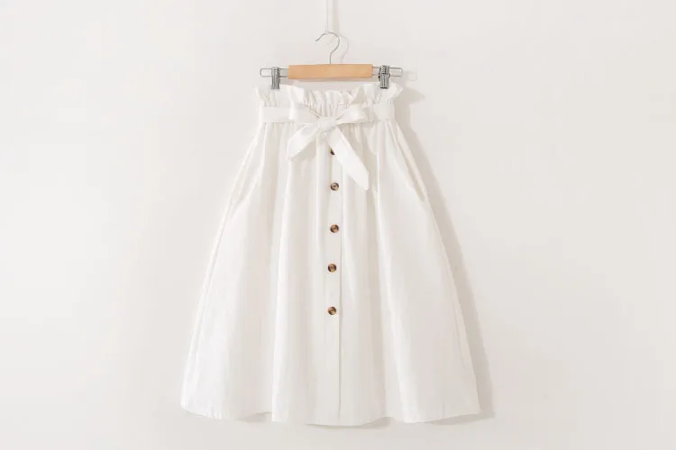 

Women Casual Cotton Skirts 2021 Spring Summer Korean Style Solid Elegant High Waist Single-Breasted Bow Lace Up A-Line Midi Skir