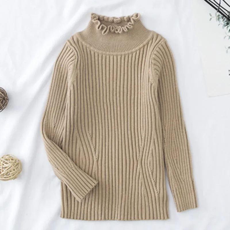 Apricot Toddler Girl Fitted Rib Knit Ruffled Collar Sweater Children Kids Girl Ribbed Sweater Winter Girls Tops - Color: Apricot